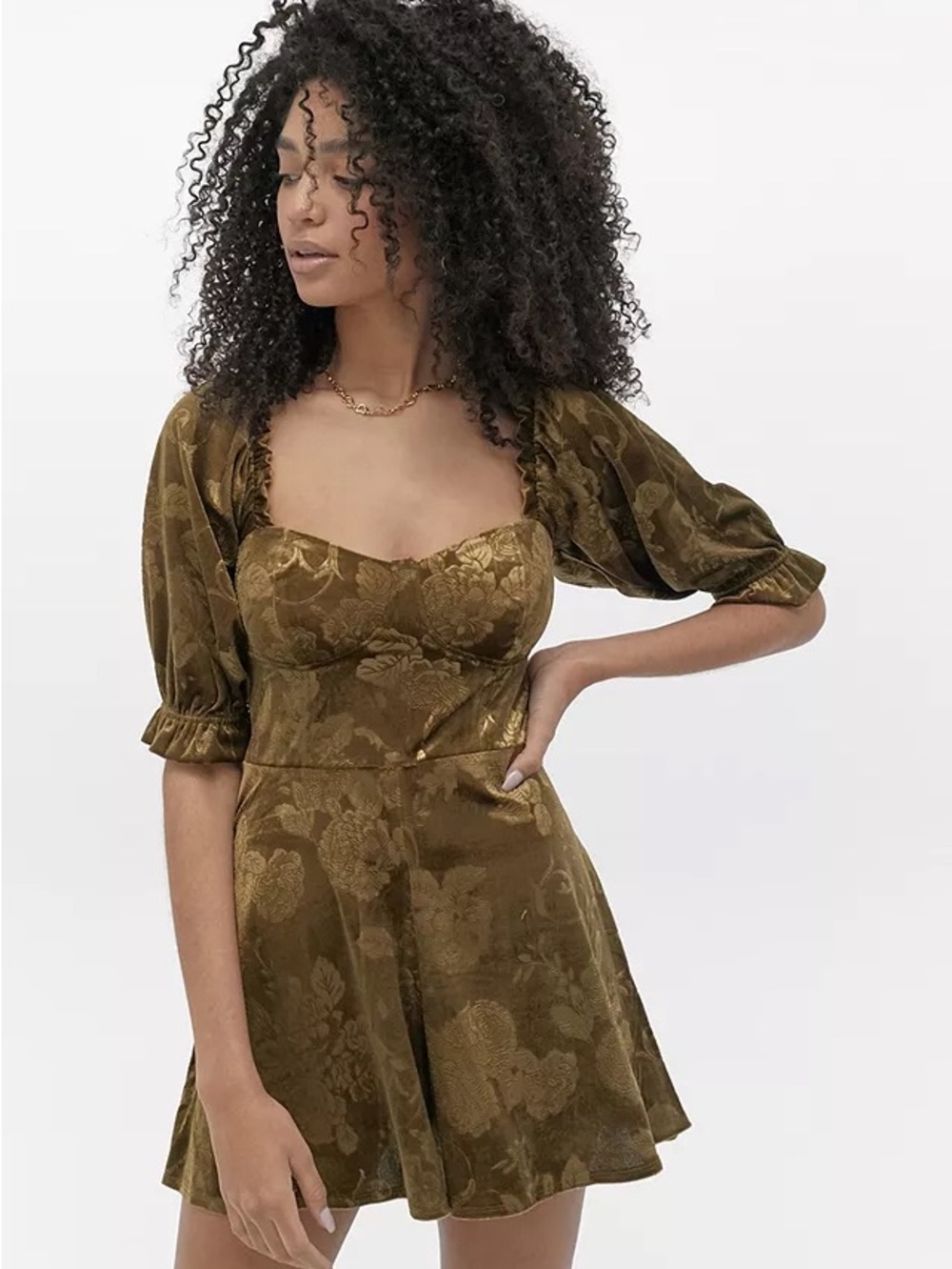 Urban Outfitters Gold Floral Velvet Puff-Sleeve Play Suit